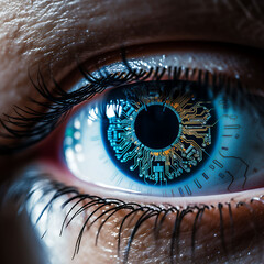 Macro Photography of human eye with printed circuits in the iris. biotechnology concept image