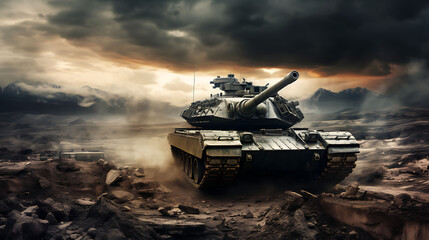 Military or army tank ready to attack moving over a deserted battle field terrain,