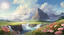 Beautiful Views Of Flowering Meadows And Towering Mountains With Small Rivers Flowing. Smooth And Repeatable Animations