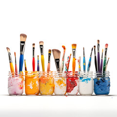 Row Of Messy Colorful Paint Brushes And Containers On Isolated White Background Creativity Concept