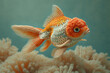A depiction of a knitted Goldfish, on a pastel coloored backgrond.