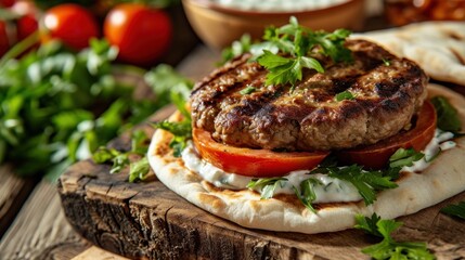 Wall Mural -  a hamburger with tomatoes, lettuce, and cheese on a wooden cutting board next to pita bread.