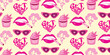 Pink seamless pattern with marijuana, weed, cannabis, leaves, glasses, lips, buds, joint, cigarette, cupcake. Vector illustration in y2k style, girly pink aesthetic. Trendy background.