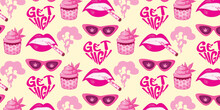Pink Seamless Pattern With Marijuana, Weed, Cannabis, Leaves, Glasses, Lips, Buds, Joint, Cigarette, Cupcake. Vector Illustration In Y2k Style, Girly Pink Aesthetic. Trendy Background.