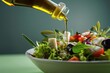  a salad with olives, lettuce, tomatoes, and olive oil being poured on top of it.