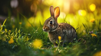  a rabbit is sitting in the grass with its ears up and it's eyes wide open, with the sun shining in the background.