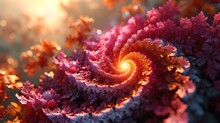  A Close Up Of A Spiral Shaped Object In The Middle Of A Field Of Purple And Red Flowers With The Sun Shining In The Background.