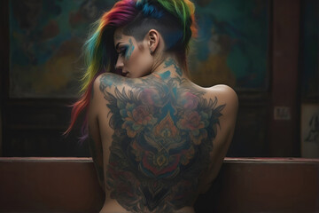 Wall Mural - Portrait of a woman with a body full of artistic tattoos