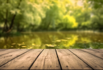Poster - empty wooden table with blurry forest river background