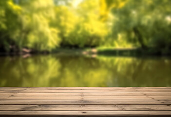 Poster - empty wooden table with blurry forest river background
