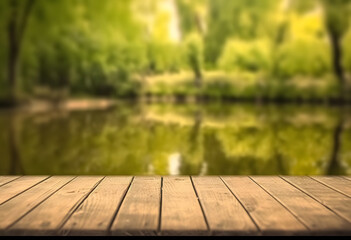 Poster - empty wooden table with blurry forest river background