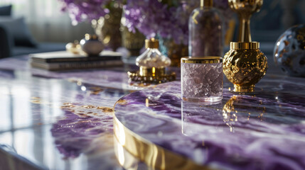 Wall Mural -  a close up of a table with vases on it and flowers in vases on the side of the table.