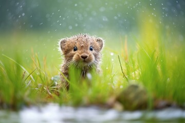 Wall Mural - wet vole shaking off water in a grassy area