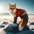 Red fox standing on a rock in the winter sunlight, beautiful winter morning wildlife background, generative ai
