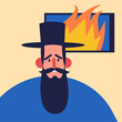 Jewish man watches bad news about Israel on TV. Nervous messages. Flat vector illustration.