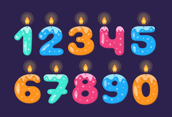 Wall Mural - Birthday Candles Numbers Glowing. Cute Kids Party Typo. Children Funny Numbers Lighted Candle.