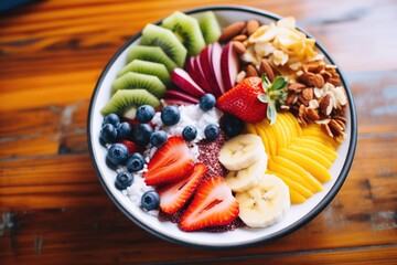 colorful acai bowl topped with sliced fruits and granola