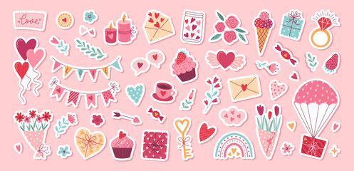 Wall Mural - Valentine's day vector stickers set. Gift, heart, balloon, envelope, dessert, floral bouquets, candy and others other traditional decorations. Cartoon style. Perfect for poster and greeting cards.