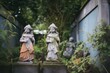 weathered statues in manors overgrown garden
