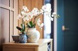 handover of an elegant orchid arrangement indoors