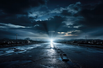 Wall Mural - an empty road perspective with glowing light under dramatic night sky, low angle view