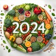 © KKOSHIL - The New Year 2024 is made of vegetables and fruits, healthy food. Trends, healthy eating, goals concept. Generative AI.