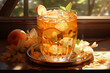 An artistically rendered depiction of a glass of invigorating apple and ginger juice, beautifully decorated with apple slices and ginger shavings.