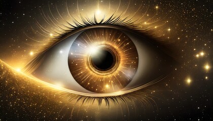 Wall Mural - golden shining eye in space universe on black background