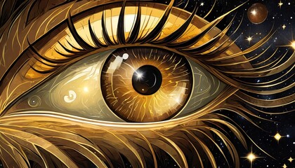 Wall Mural - golden shining eye in space universe on black background