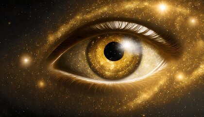 Wall Mural - golden shining eye in space universe on black background
