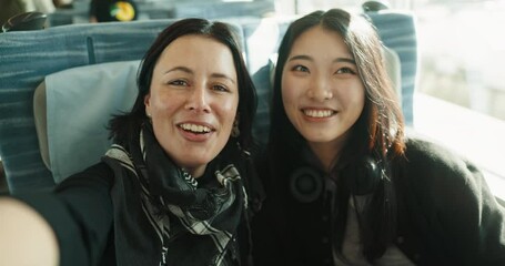 Poster - Asian woman, face and bus with selfie, friends and social media with peace sign and smile on public transport. Travel, people and happy from vacation, road trip and holiday on transportation online