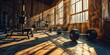 Barbells resting on the floor and water inside a fitness room beautiful light and shadows.