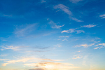 twilight blue bright and orange yellow dramatic sunset sky in countryside or beach colorful cloudsca