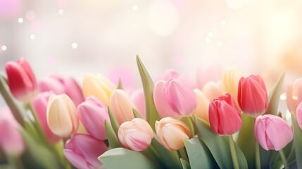  Various tulips on a light background with beautiful bokeh.