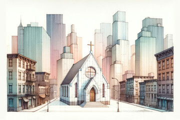 Wall Mural - Watercolor painting of a little church in New York, cityscape skyline