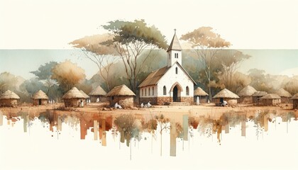 Wall Mural - Watercolor painting of a church in a little african village