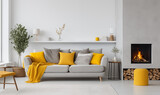 Fototapeta  - Jasna sofa z żółtymi poduszkami na tle betonowej ściany z kominkiem. Skandynawski wystrój wnętrz nowoczesnego salonu. Skandynawski wystrój wnętrz. Dużo światła. Jasne przestronne wnętrze