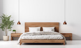 Fototapeta  - Rustykalne drewniane łóżko na tle pustej białej ściany z miejscem do kopiowania. Skandynawski loftowy projekt nowoczesnej sypialni.  