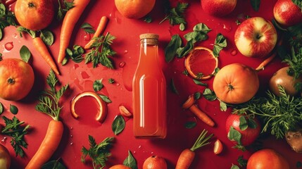 Wall Mural - A bottle of juice surrounded by fruits and vegetables