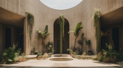 Wall Mural - A courtyard with a fountain surrounded by palm trees