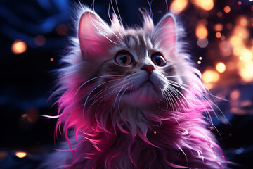 Poster - Cat glitter close up, neon light purple digital asset