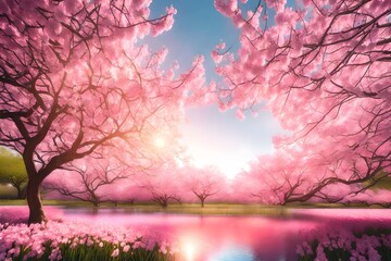 Wall Mural - Spring border or background art with pink blossom. Beautiful nature scene with blooming tree and sun flare