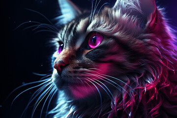 Poster - Cat glitter close up, neon light purple digital asset