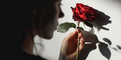 Hand gently cradles a vibrant red rose, evoking a sense of love and tenderness. The play of light and shadow on the white background adds depth and contrast, enhancing the overall visual impact.