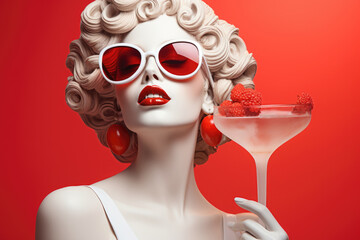 portrait of a beautiful woman in red sunglasses with a glass of martini.