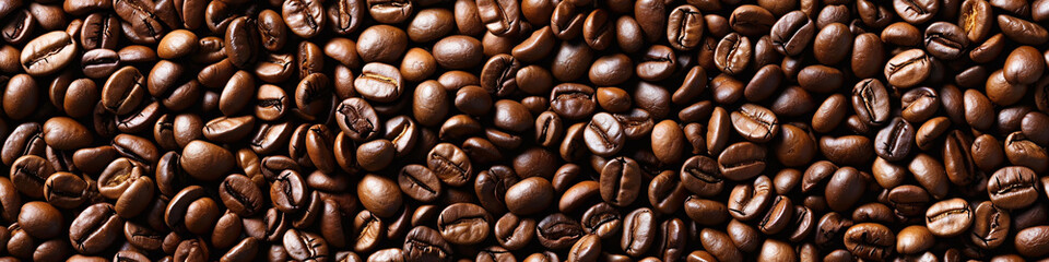 Wall Mural - roasted fresh brown coffee beans background banner, top view, International Coffee Day