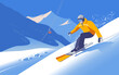 A skier rushes down the mountainside against the backdrop of an alpine village. Vector illustration