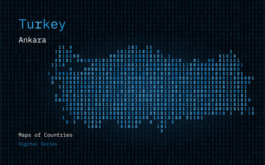 Turkey Map Shown in Binary Code Pattern. TSMC. Blue Matrix numbers, zero, one. World Countries Vector Maps. Digital Series