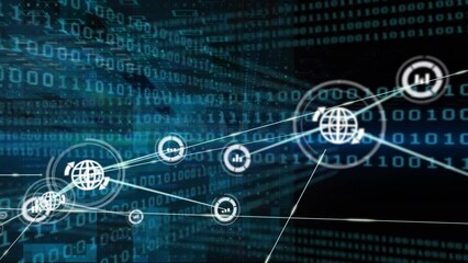 Animation of network of digital icons and binary coding data processing on black background