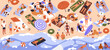 © Paper Trident - Tiny people rest on beach top view. Summer vacation on coast panorama. Crowd sunbathing on seashore, swimming in sea, lying on inflatable mattress. Kids building sand castle. Flat vector illustration